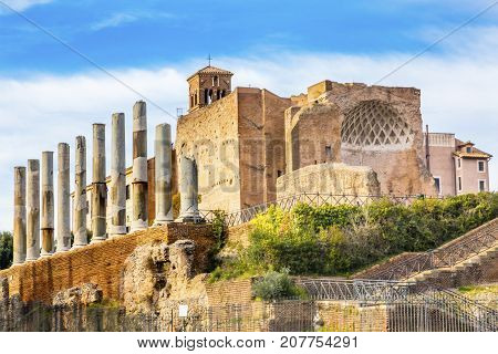 Temple of Venus and Rome Corinthian Columns Roman Forum Rome Italy. Largest temple in ancient Rome dedicated in 141AD by Emperor Hadrian
