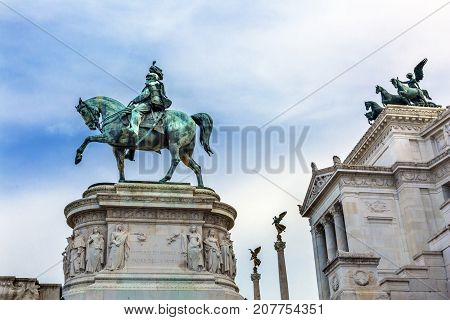 King Statue Tomb of Unknown Victor Emanuele Monument Rome Italy. Monument created in 1911 to the first king of a united Italy. Designed by Giussepe Sacconi in 1885