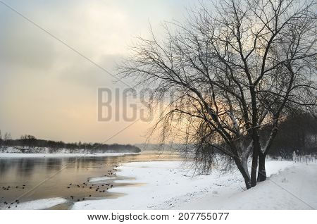 Winter sunrise landscape with river in Russia