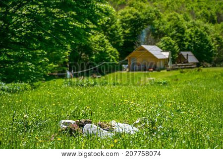A stone fireplace in front of a wooden house in the forest.