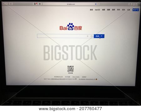 Wuhan China, 7 October 2017:  Baidu.com chinese search engine website homepage on laptop screen. Baidu holding company logo