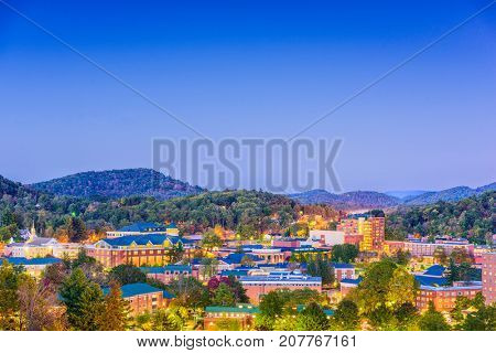 Boone, North Carolina, USA campus and town skyline.