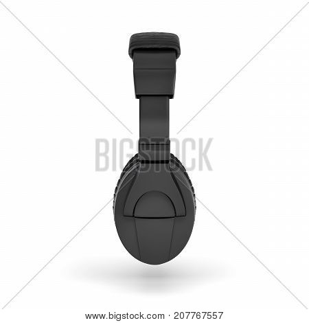 3d rendering of black padded headphones with a headband hanging on white background. Listen to music. DJ equipment. Melomania.