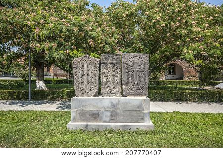 Echmiadzin Armenia. Ancient khachkars brought to the monastery from all over Armenia.