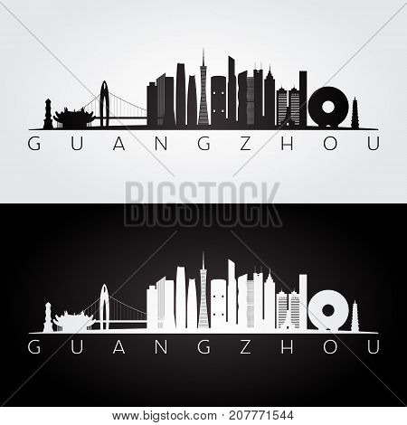 Guangzhou skyline and landmarks silhouette black and white design vector illustration.