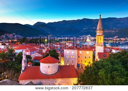 Church of the Holy Trinity, night view. Citadela Old Budva. Montenegro.