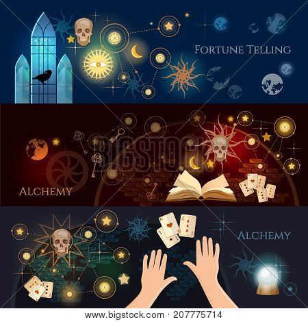 Fortune telling banner. Vintage key magic objects and scrolls alchemy concept. Medieval alchemy mysticism occultism esotericism. Medieval castle of wizard