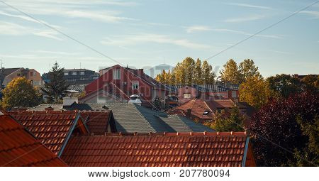 Autumn landscape of a small Balkan town just colorful trees and roofs.