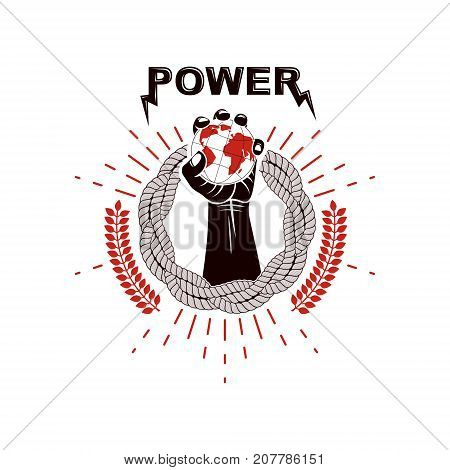 Vector logo composed using strong muscular raised arm surrounded by rope and holding Earth globe. Authority as the means of global control and manipulation.
