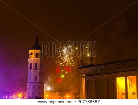 The main firework in Lithuania at New Year. The most interesting and popular viewpoint to historical disrict of Vilnius with Gediminius tower.