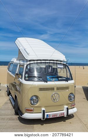 Scheveningen The Hague the Netherlands - 21 May 2017: VW kombi van at the beach