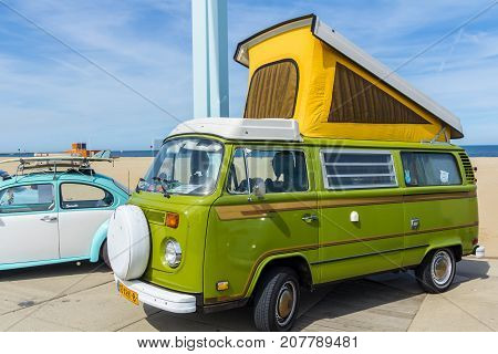 Scheveningen The Hague the Netherlands - 21 May 2017: VW kombi van at the beach