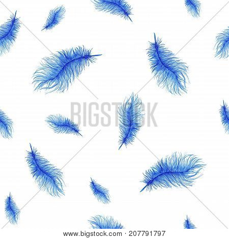 Watercolor pattern, background, seamless pattern, feathers, blue feathers, for halloween, ostrich feathers on white background, for graphics and decor