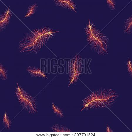 Watercolor drawing, seamless pattern, background, feathers, fire feathers, for halloween, phoenix, ostrich feathers on a dark blue background, for graphics and decor