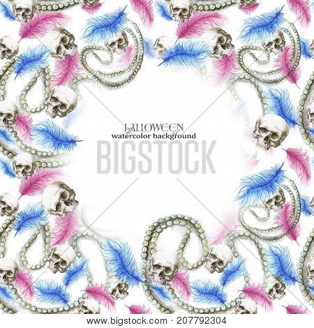 Watercolor drawing, frame for decoration, pattern, human skull for Halloween with pearl decorations and ostrich feathers of pink color, print for decor on a white background