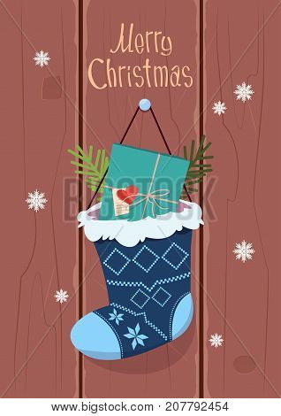 Merry Christmas And Happy New Year Greeting Card With Gift Box Hanging In Present Sock Winter Holidays Banner Concept Flat Vector Illustration