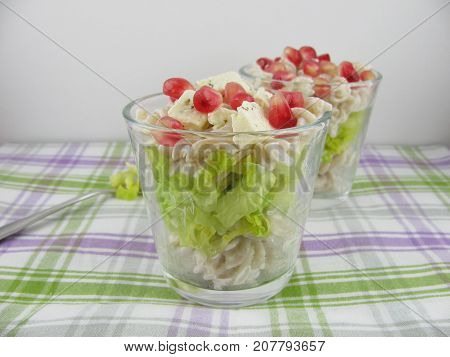 Tasty spirelli pasta salad in a jar