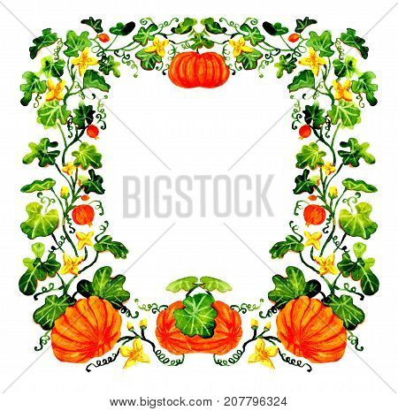 Watercolor Halloween frame with pumpkins isolated on white background. Hand drawn illustration with design elements