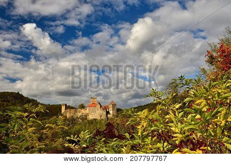 Beautiful autumn landscape in Austria with a nice old Hardegg castle.
