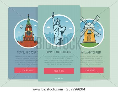 Travel composition with famous world landmarks Moscow, New York, Kinderdijk. Travel and Tourism. Concept website template. Vector illustration