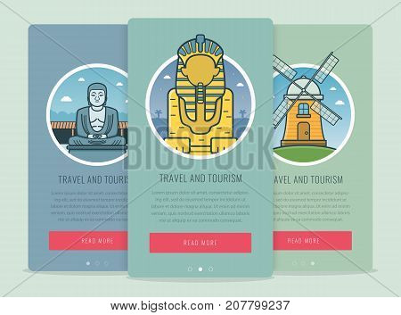 Travel composition with famous world landmarks Giza, Kamakura, Kinderdijk. Travel and Tourism. Concept website template. Vector illustration