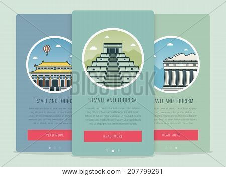 Travel composition with famous world landmarks Beijing, Chichen Itza, Athens. Travel and Tourism. Concept website template. Vector illustration