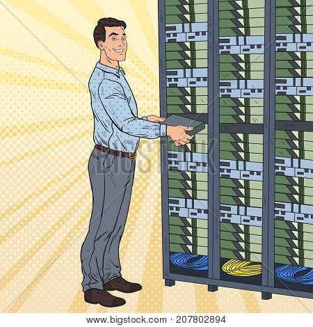 Pop Art Network Engineer Working with Hardware Data Center. Build Server Database. Technicianin Server Room. Vector illustration