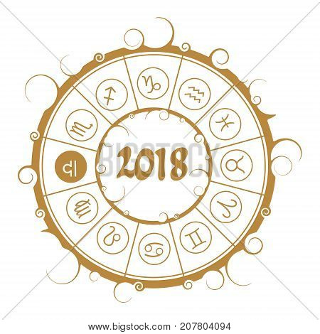 Astrological symbols in the circle. Scales sign. New Year and Christmas celebration card template. Zodiac circle with 2018 new year number.