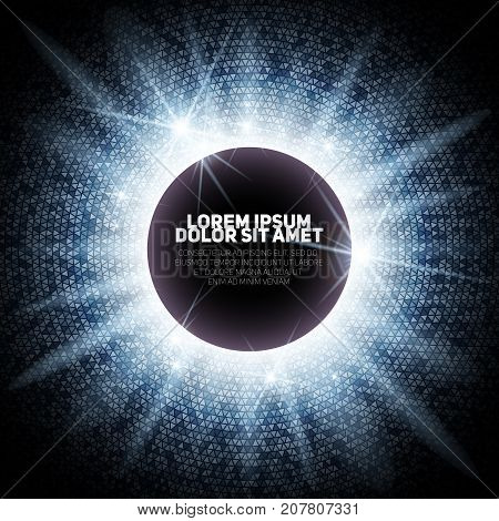 Holiday silver illustration with bright sparkles, round frame and place for text. Glamour eclipse.