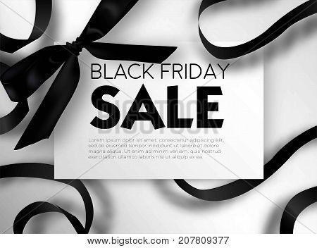 Black Friday sale discount promo offer poster or advertising flyer and coupon. Vector elegant design of piece of paper and realistic black gift bow tie ribbon for premium fashion shop sale on white black background.