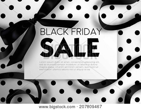 Black Friday sale discount promo offer poster or advertising flyer and coupon. Vector elegant design of piece of paper and realistic black gift bow tie ribbon for premium fashion shop sale on polka dot black background.