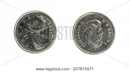 Twenty five Canadian cents coin: obverse and reverse.