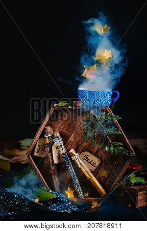 Test Tubes With Potion Ingredients, Lavender, Berries, And Stardust. Magical Still Life With Staming