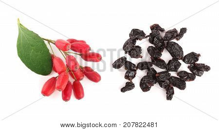 dried and fresh barberry with leaves isolated on white background. top view.