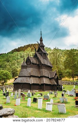 Borgund, Norway. Famous Landmark Stavkirke An Old Wooden Triple Nave Stave Church In Summer Day