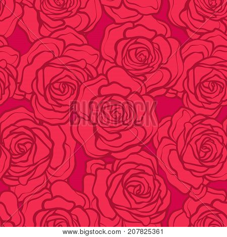 Rose flower seamless pattern. Red roses on red background. Stock vector.