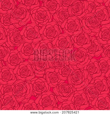 Rose flower seamless pattern. Red roses on red background. Stock vector.