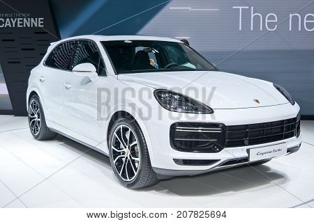 Frankfurt-September 20: world premiere of Porsche Cayenne Turbo at the Frankfurt International Motor Show on September 20 2017 in Frankfurt
