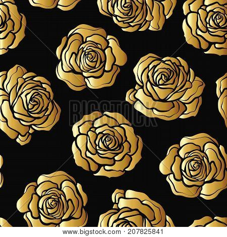 Rose flower seamless pattern. Gold roses on black background. Stock vector.
