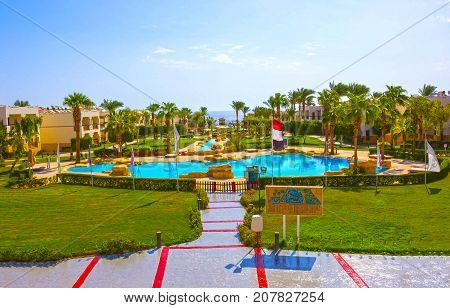Sharm El Sheikh, Egypt - September 27, 2017: Buildings and Area at Otium Hotel Amphoras Sharm 5 at Sharm El Sheikh, Egypt on September 27, 2017