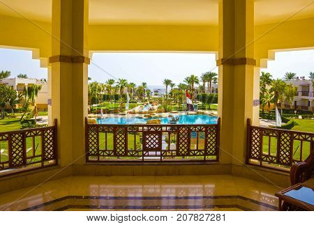 Sharm El Sheikh, Egypt - September 27, 2017: Buildings and Area at Otium Hotel Amphoras Sharm 5 at Sharm El Sheikh, Egypt on September 27, 2017