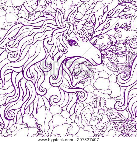 Unicorn with multicolored mane, butterfly rainbow, star and love heart. Seamless pattern. in purple colors. Outline hand drawing. Stock vector.