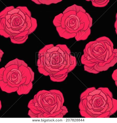 Seamless pattern with red roses on black background. Stock vector.