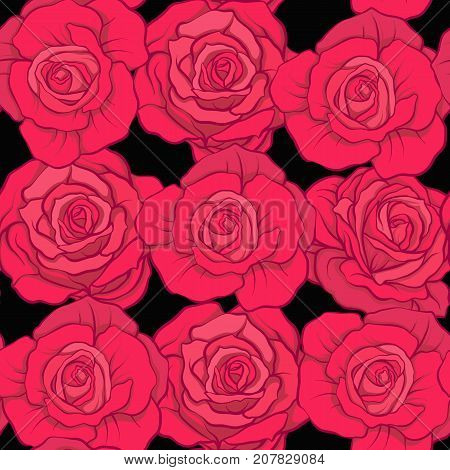 Seamless pattern with red roses on black background. Stock vector.