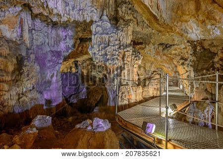 Sfendoni Or Zoniana Cave With Illumination On Crete Greece