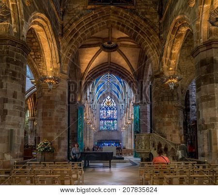EDINBURGH, SCOTLAND - JULY 30: Interior of St. Giles Cathedral in the Old Town of Edinburgh on July 30 2017 in Edinburgh, Scotland. St. Giles is the most important cathedral in Scotland.