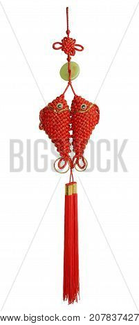 Red Chinese silk knot with double fish as fortune bringer (manual focus)