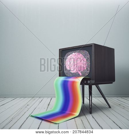 Abstract retro TV with brain sketch on screen placed in minimalistic interior. Brainstorm mind control concept. 3D Rendering