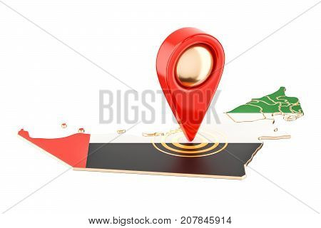Map pointer on the map of UAE 3D rendering isolated on white background