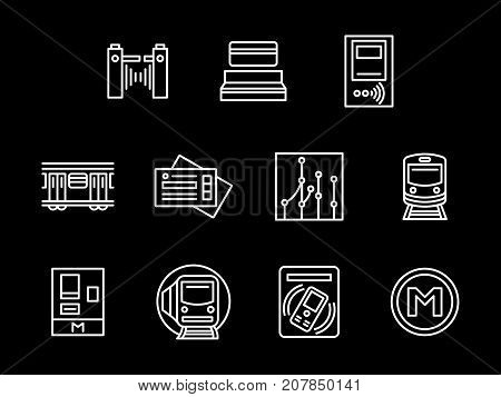 Abstract symbols of subway station. Entrance gate, scheme, rail train and other metro elements. Set of simple white line design vector icons on black.